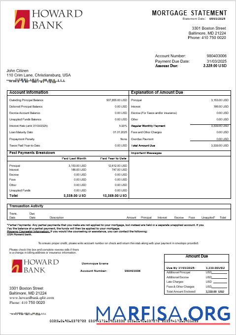 Realistic USA Howard bank mortgage statement in Word and PDF formats example